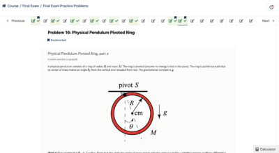 A mechanical physics problem on the course website. There are tabs for each question at the top of the page, and the current page listed is a photo of a ring on a pivot.